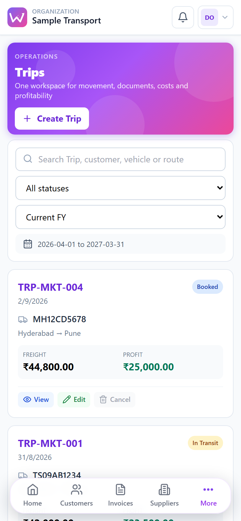 WaybillBooks mobile view of trips and outstanding